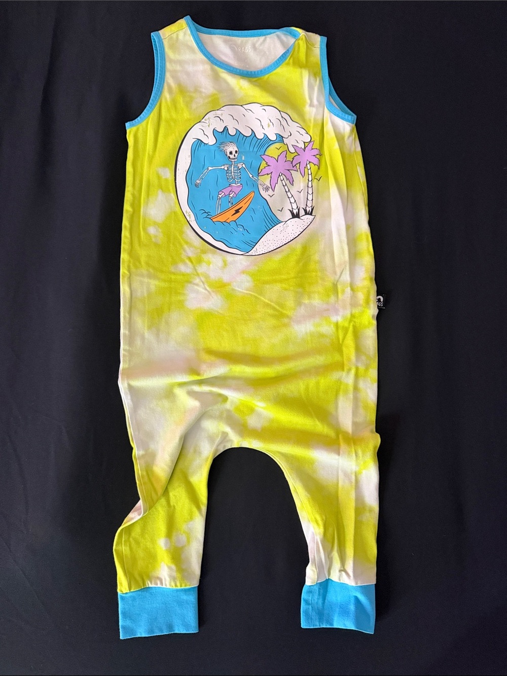 Rags to Raches Yellow & Blue Tie-Dye Surf Skeleton One-Piece Footie